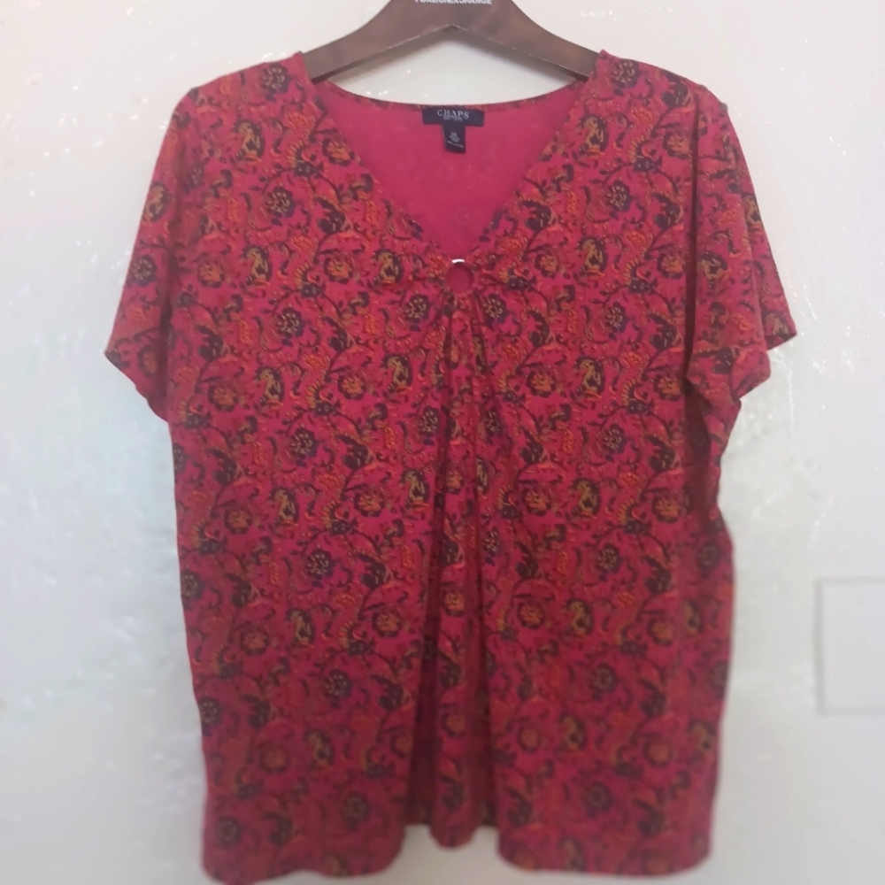 Chaps women's blouse 2x pink floral paisley v neck short sleeve cotton